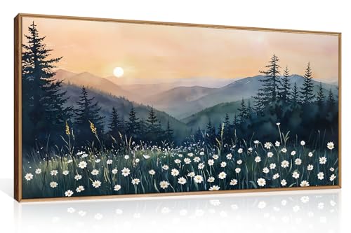 Image of KAIRNE Mountain Floral Landscape Framed Canvas Wall Art Set,Watercolor Forest Wall Decor,Misty Pine Tree Art Prints,Nature Sunset Scenery Artwork for Living Room,Bedroom,Farmhouse,Office-40 x20 x1