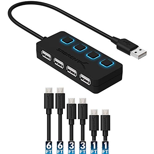 Sabrent 4-Port USB 2.0 Hub with Individual LED lit Power Switches + [6-Pack] 22AWG Premium Micro USB Cables (X2-6ft + X2-3ft + X2-1ft) High Speed USB 2.0 A Male to Micro B Sync and Charge Cables