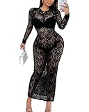 Elegant Long Sleeve Lace Dress for Women - Lace Maxi Dress with Sheer Overlay, Sexy Maternity & Evening Gown (US, Alpha, Medium, Regular, Regular, Black)