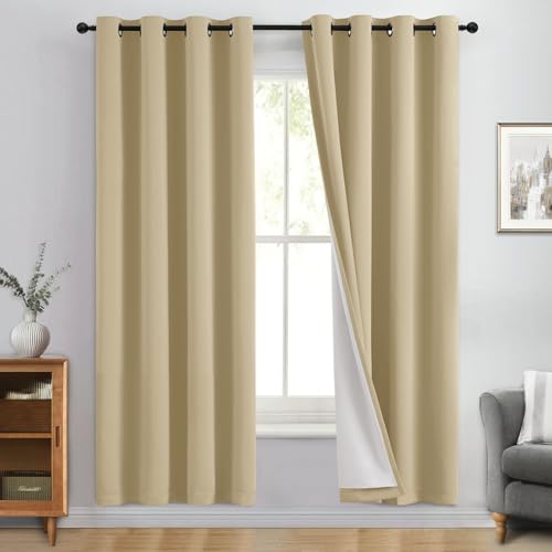 Image of Yakamok Beige 100% Blackout Curtains 72 Inches Long for Bedroom 50 inch Wide | Blackout Curtain Panels for Bedroom, 2 Thick Layers Grommet Top Thermal Insulated Drapes with White Back for Living Room