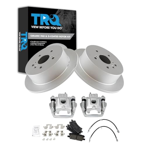 Image of TRQ Rear Brake Pad and Rotor Set Ceramic G Coated Rotors Calipers Compatible with 2004-2006 Lexus RX330 2007-2009 RX350 2006-2008 RX400h 2006-2007 Toyota Highlander with All Wheel Drive