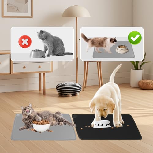 FHISKUNYU 2er Set Silikon-Futtermatten für Hunde und Katzen | 48 x 30 cm | wasserdichte & rutschfeste Unterlage | Leicht zu reinigen | Schwarz & Grau