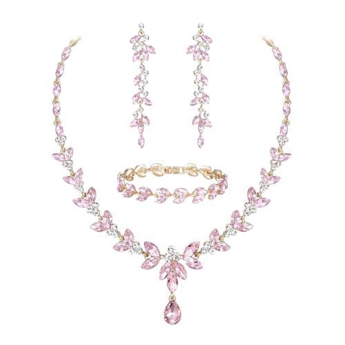EVER FAITH Marquise Crystal Leaf Costume Prom Jewelry Set for Women Pink by EVER FAITH - Used condition - US$21.30