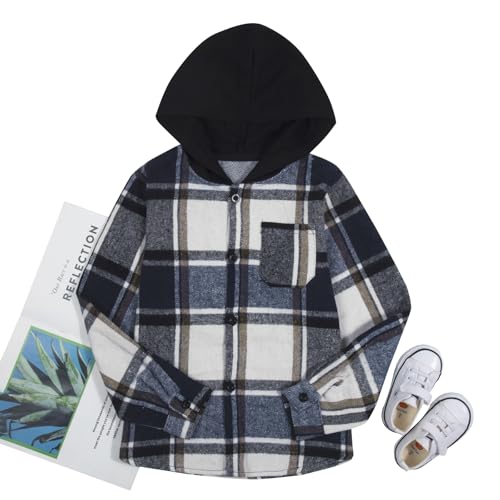 Image of Boys Girls Flannel Shirts Plaid Hoodies Fall Fashion Button Down Shirts | Long Sleeve Shirts Hooded Lightweight Jacket, Perfect for School Mornings, Leaf Piles,Camping, Bonfires, Weekend Adventures