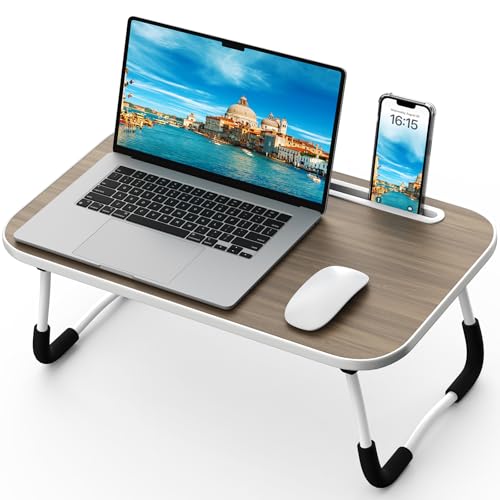 Foldable Lap Desk with Tablet Slot, Portable Laptop Desk for Bed, Lightweight Bed Desk for Working Writing Drawing Eating on Couch Floor, Brown (20.8