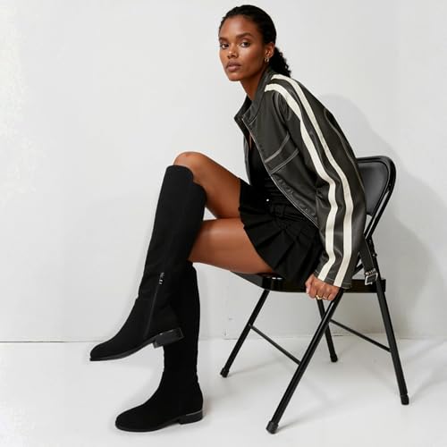 Image of Modatope Rounded Toe Flat Stretchy Dress Knee High Boots Side Zipper | Suede Elastic Fall Winter Boots, Low Chunky Block Heel Riding Boots,2026 Fashion Womens Tall Long Boots