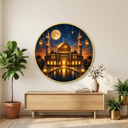 Image of SAF Islamic Mosque Moon Round Wall Painting with Premium PVC Golden Frame, Golden Dome Lantern Night Art, Muslim Home Decor for Prayer Room Living Room (23 x 23 Inch) GR-433