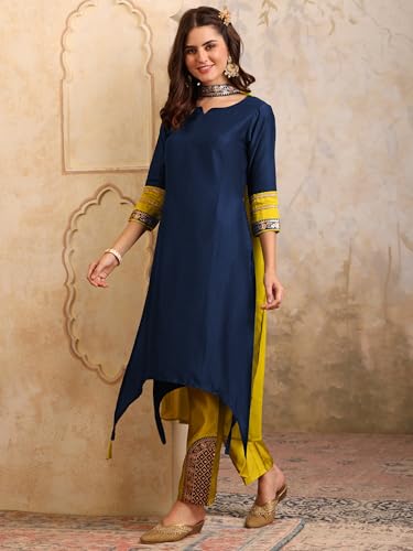 Image of EthnicJunction Women's Cotton Silk Embroidered Asymmetric Kurta Pant with Choker Dupatta Set | Wedding Outfit | Heavy | Kurta Set | Ethnic Set