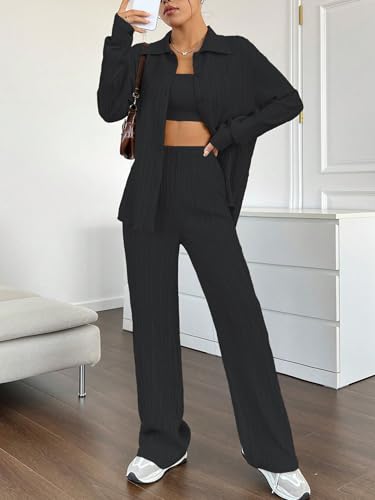 Image of Shasmi Women's 3-Piece Co-ord Set - Solid Button Front Shirt, Strapless Tube Top & Wide Leg Pants | Casual Loose Fit Western Outfit for Daily Spring /Fall Wear (Co-Ord-208)