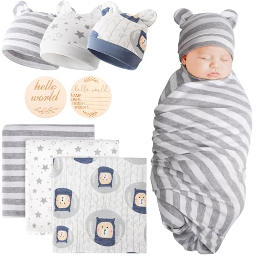 Image of DRESHOW BQUBO Cotton Baby Swaddle Hat Set Newborn Infant Receiving Blankets with Bear Ears Hat Wooden Birth Announcement Card Newborn Unisex Swaddle Wrap Sets Warm Shower Gift