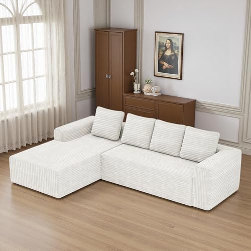 Sapgaks Canapé d'angle 4 places, canapé 3 places, canapé compressé modulaire avec méridienne en forme de L, pas de montage nécessaire (plus tissu côtelé) (blanc...