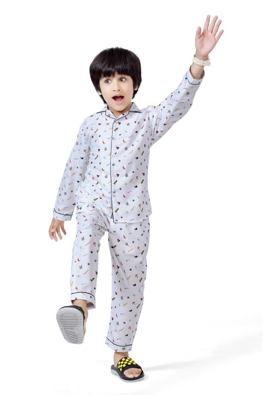 CLUB96 Boys Night Suit Set | Cotton Shirt & Pyjama | Soft & Breathable Kids Nightwear | Cartoon Printed Sleepwear Set