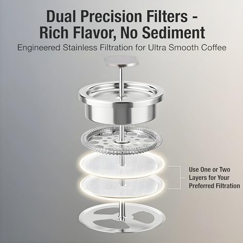 Small French Press Coffee Maker Set - 12 oz | Portable Travel French Press Coffee Maker | Double Wall Insulated with Dual Stainless Filters & 2 Steel Canisters for Grounds, Tea, Creamer & Sugar - 4