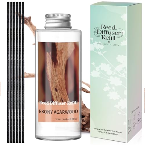 Image of STRN Reed Diffuser Oil Refill, Ebony Agarwood Scented Diffuser Oil Refills with 6 Reed Sticks 200ML(6.8fl.oz), Room Fresheners for Home, Long-Lasting Summer Fragrance for Living Room, Bedroom, Office