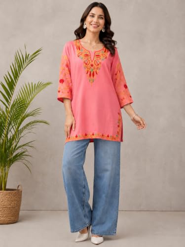 Image of HAUTEMODA Women Cotton Floral Embroidered Short Kurti, Tunic, Three-Fourth Sleeves, White