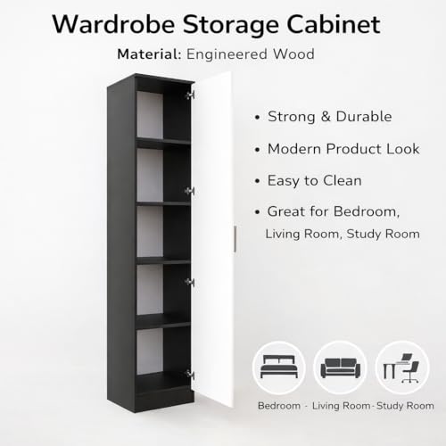 Image of Spyder Craft Fraser Single Door Engineering Wood Wardrobe for Clothes, Stylish Cupboard for Bedroom, Multi Utility Design with Multirack Storage Color - Black & White