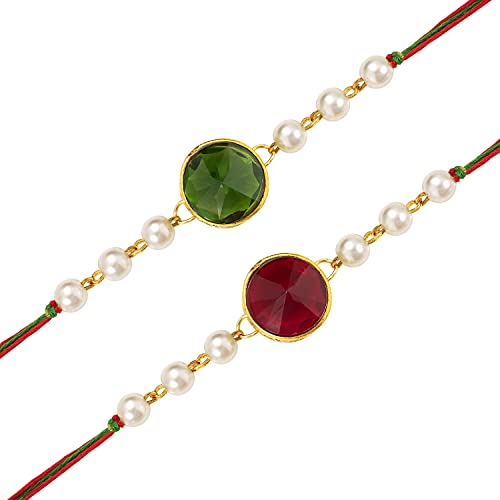 Image of Peora Rakhshabandhan Thread Rakhi for Brother Bhaiya | Kundan Beads & Crystal Studded | Combo Set of 2 | Rakhi Hamper Roli Chawal & Greeting Card