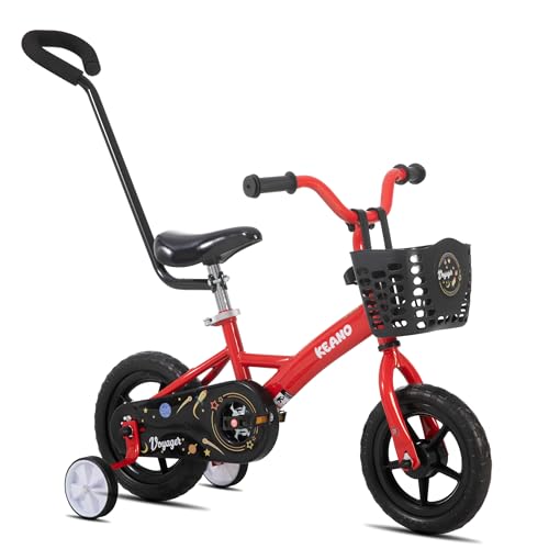KEANO Voyager 12 Inch Kids Bike for Boys and Girls Ages 2-4 Years, Toddler Bike with Training Wheels & Basket, Detachable Parent Push Handle, Children Bicycle in Red