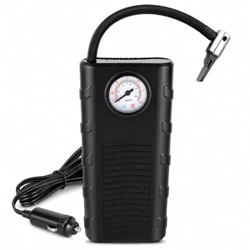 Image of Portable Analog Car Air Pump with Pressure Gauge, 12V DC Power, Flexible Hose, Black (B1)