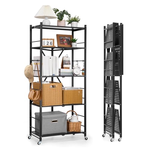 Image of VEVOR 5-Tier Foldable Storage Shelf, 28W x 15D x 64H Inch Folding Metal Rack Shelving Unit, No Assembly Organizer Shelf with 5 Wheels & 4 Hooks for Pantry, Kitchen, Garage, Basement, Black