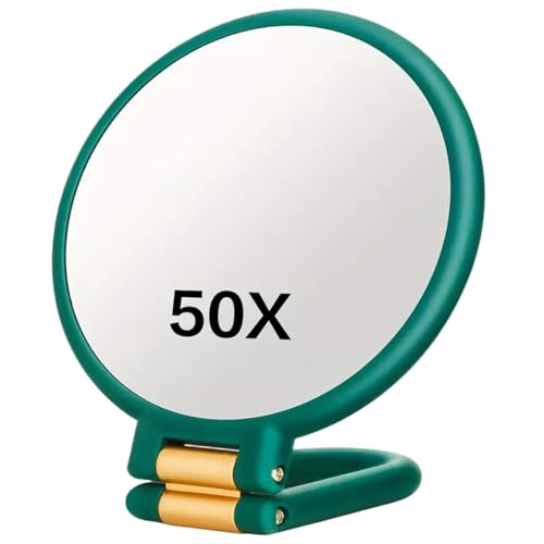 Miroir Grossissant 50X Miroir de Maquillage Main Double Face avec Grossissement avec Poignée Réglable à 360 ° Essentiel de Voyage Portable et Pliable pour Bureau et Salle de Bain Cadeau Femme (Vert)