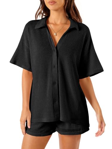 Tankaneo Womens Ribbed Knit 2 Piece Pajama Sets Button Down Short Sleeve Tops and Shorts Set Summer Casual Loungewear