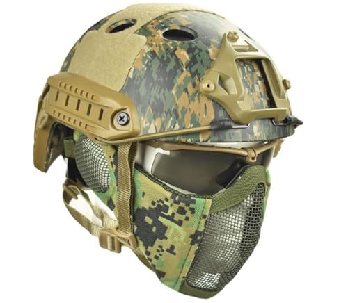 Jadedragon PJ Tactical Fast Helmet & Protect Ear Foldable Double Straps Half Face Mesh Mask & Goggle (Digital Jungle)