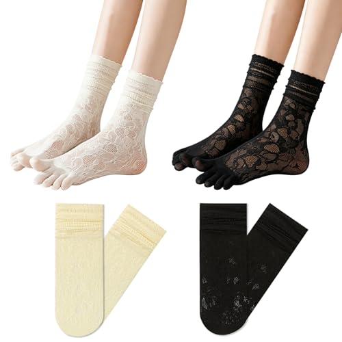 Image of Triplewood 2 Pairs Lace Tabi Socks for Women Split Toe Flip Flop Socks, Y2K Calf Sock Mid Calf Toe Sock