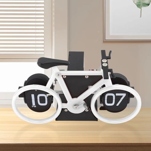 Vintage Flip Desk Clock, Bike Shape Flip Clock, Retro Mechanical Battery Powered Gear Operated Timer Reminder Vintage Flip Desk Clock, Bike Shape Flip Clock, Retro Mechanical Battery Powered Gear Operated Timer Reminder Table Clock for Office Home (White)