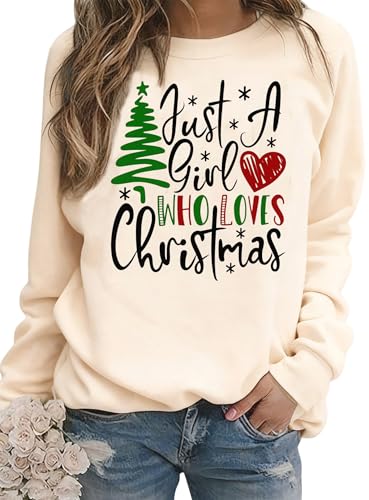 Susongeth Just A Girl Who Loves Christmas Tree Sweatshirt Shirts for Women Xmas Splicing Long Sleeve Pullover Shirt Top, Khaki, XL