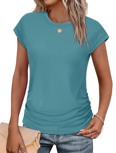 BUNSLOOM Oberteile Damen Rundhals Kappenärmel Sommer Elegant Basic Mode Tops Kadettenblau M