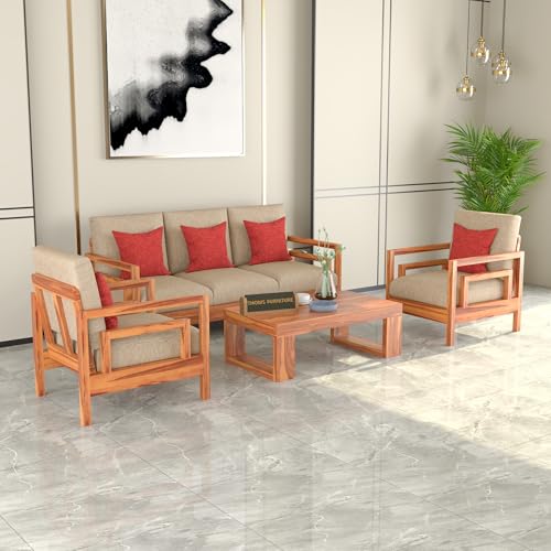 Image of Solid Sheesham Wood 5 Seater Sofa for Living Room | (3+1+1) Five Person Sofa - Stylish & Durable 5 Seater Sofa for Office & Home Furniture (Jake Honey, 5 Seater)