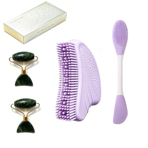 Jade Roller & Gua Sha with Facial Contour Brush & Dual‑End Face Brush