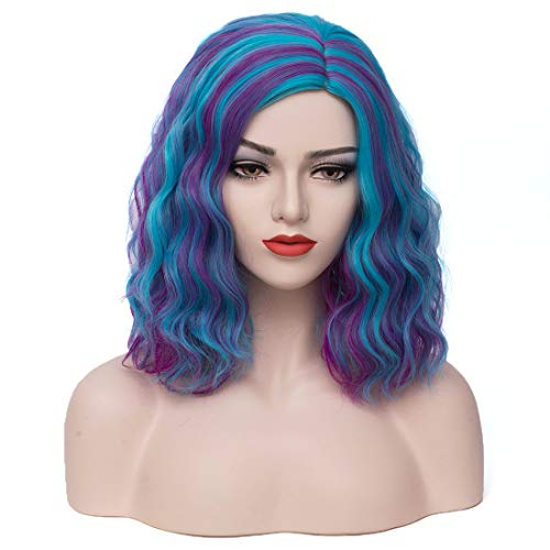 PATTNIUM 14 Inch Shoulder Length Wig Short Wavy Wig Multicolor Wig for Women and Girls Cosplay Costume Wig (Blue Mix Purple)