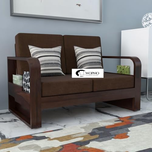 Image of Solid Sheesham Wooden 2 Seater Sofa for Living Room | Sofa with Side Pocket Storage & Cushion | Rosewood Sofa Set for Home (Walnut with Brown Cushion, 2 Seater)