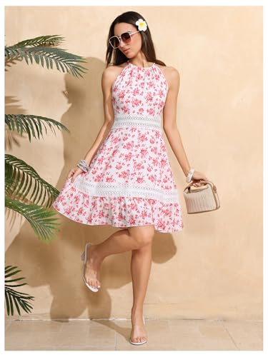 Image of Floerns Women's Contrast Lace Sleeveless Halter Dress Backless Vacation A Line Dress