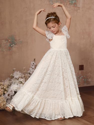 Girls Summer Boho Full Lace Flower Girl Dress Elegant Cap Sleeves Square Neck A-Line Long Wedding Party Dresses3
