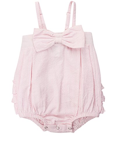 RuffleButts Baby/Toddler Girls Pink Striped Seersucker Bubble Romper w/Bow - 3-6m