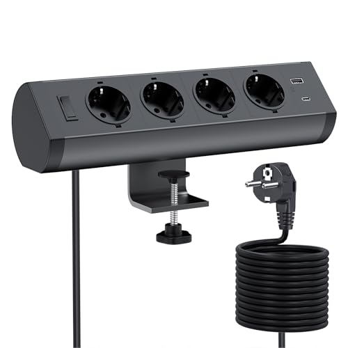 Tischsteckdose mit PD 20W USB C, Dinolink Aluminiumlegierung Steckdosenleiste Schreibtisch mit 2 USB, 4 Fach Mehrfachsteckdose mit Schalter, 3M Kabel, für Zuhause Büro,Schwarz