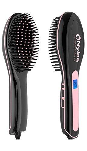 Nylea Hair Straightener Brush - Best Electric Ceramic Heating Straightening for Women - Anti Scald, Static, Detangling and Silky Straight [Black with Pink] … (Pink/Black)