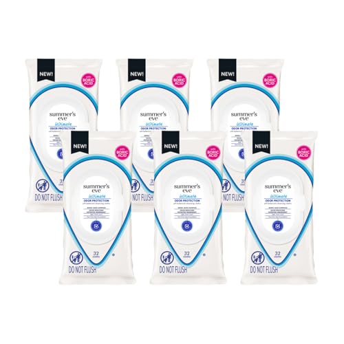 Summer’s Eve Ultimate Odor Protection Feminine Cleansing Wipes, Daily Intimate Cloths, with Boric Acid Complex, pH Balanced, Removes Odor, 32 Count (Pack of 6)