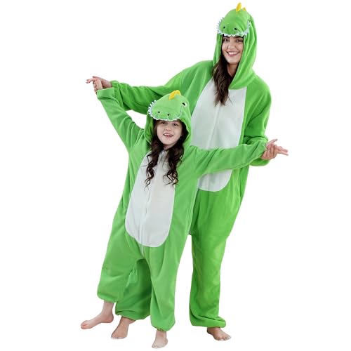 BETTERFUN Unisex Adult Animal Onesie Pajamas Halloween Cosplay Costume Sleepwear Green Dinosaur, M