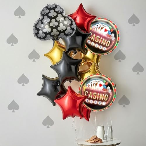 Image of AMFIN (Pack of 14) Casino Theme Foil Balloon Set, Elevate Your Party, Spades - Black, Red & Gold