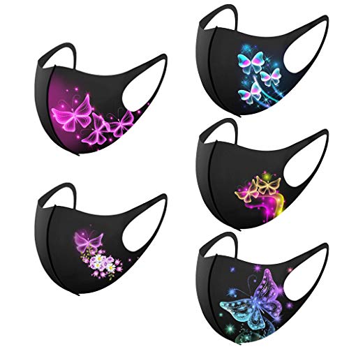 Cloth Face_Mask for Adults with Butterfly Printed for Woman Reusable Washable Breathable Dust Soft Face Covering for Outdoors Working Cycling Running, Butterfly B, 5PC