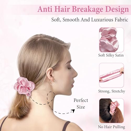 Image of GLUN Anti-Dandruff Round Scalp Massager with Elastic Closing Rose Pink Hair Bonnet Cap with 3 Satin Scrunchies Combo, Bonnet Cap Prevents from Breakage, Ideal for Curly & Natural Hair