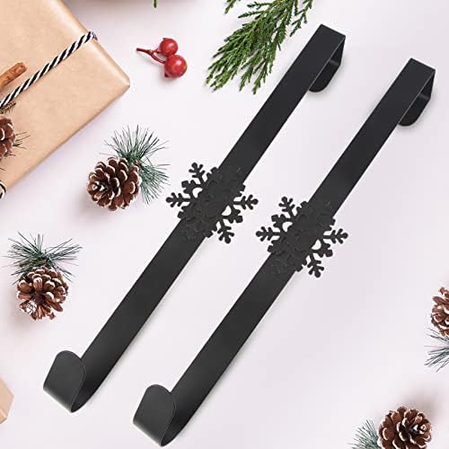 Christmas Wreath Hanger Xmas Metal Wreath Hook Over The Door 15 Inches Large Wreath Holder with Snowflake for Front Door Outdoor Home Christmas Halloween Wedding Garland Wreath Decor (Black)