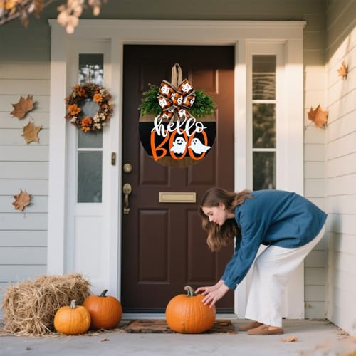 Image of Halloween Door Hanger Sign Decorations, Cute Ghost Welcome Wood Wreaths Decor for Front Door Farmhouse Porch Wall Decor Outdoor (Halloween Ghost)