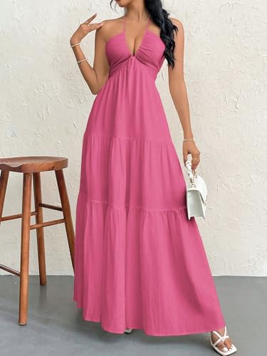 Image of Narecte Women's Maxi Summer Dresses Halter V Neck Beach Dresses for Women A-Line Casual Dress for Vacation