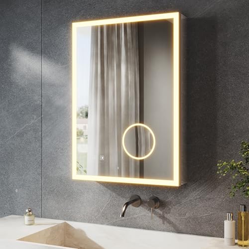 SONNI Szafka łazienkowa z lustrem LED z 3-krotnym powiększeniem i gniazdkiem 70 x 50 cm, aluminiowa szafka z lustrem z włącznikiem dotykowym, 3 kolory światła + defogging, IP44 wodoodporna