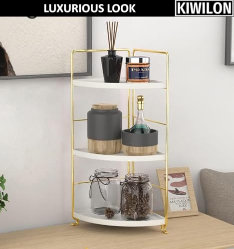 Image of Kitchen Organizer Rack | Corner Shelf For Kitchen | Bathroom Organiser Stand With 3-Tier Metal Frame For Storage & Display (Gold-3Tier-Triangle)